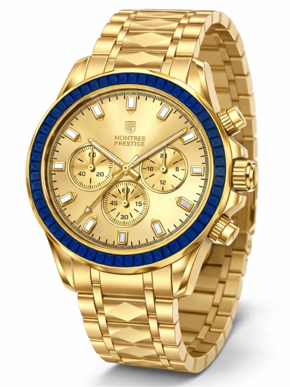 Montres Prestige Gold Chronograph Watch with Blue Bezel